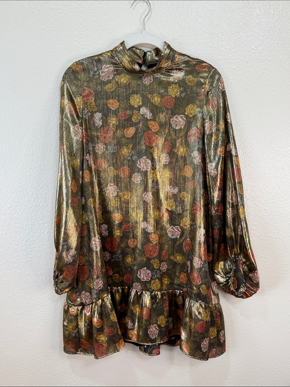 NWT Zara Women's Floral Gold Metallic Satin Mini Dress Size Small Multicolor